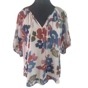 Tamara H Floral Chiffon Romantic Peasant Blouse White Blue Orange Short Sleeve S